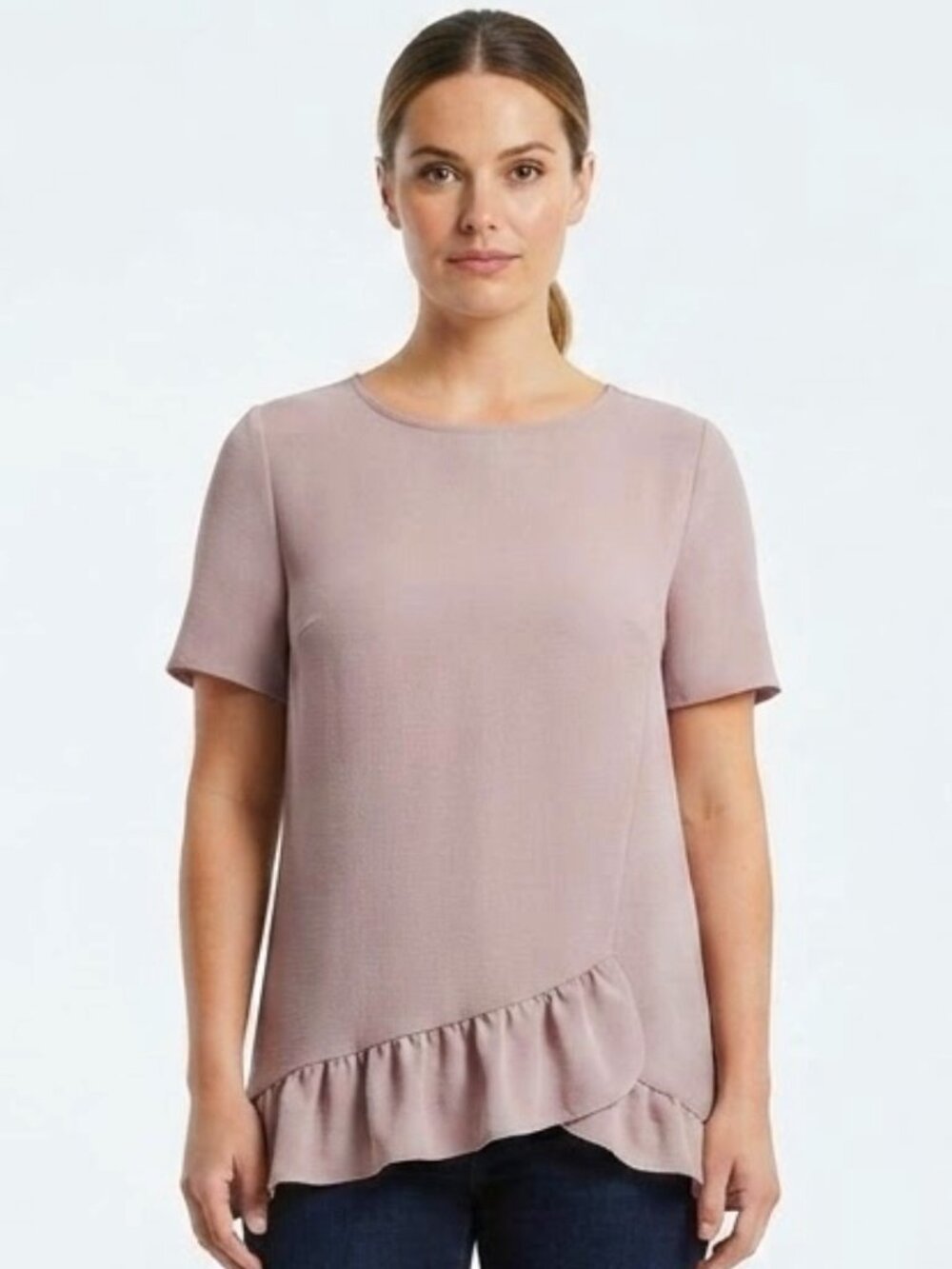 Lord & Taylor Dusty Rose Ruffle  Hemline Crepe Pull On Blouse- Sz. Med